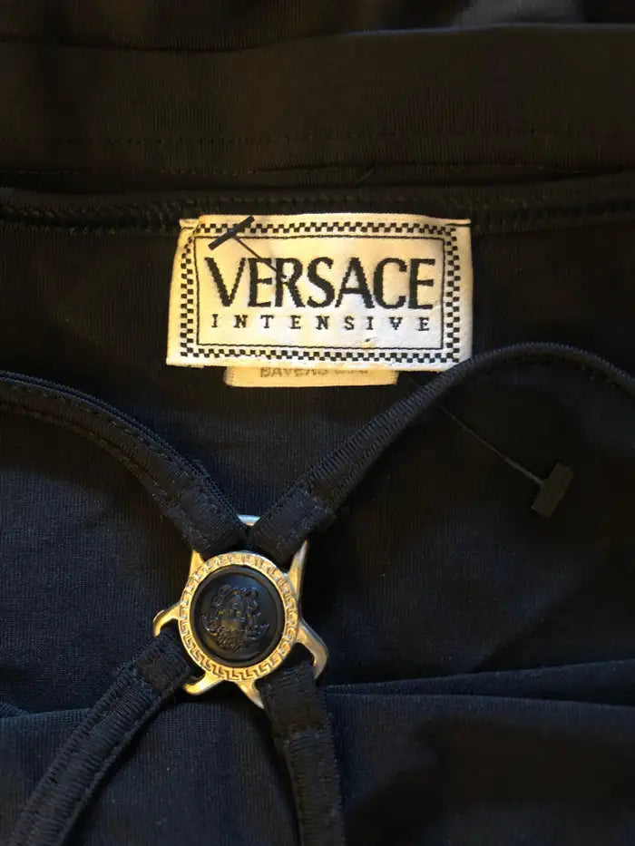 Gianni Versace Intensive RARE Vintage c. 1990s Cutout Open Back Black Medusa Icon Mini Dress